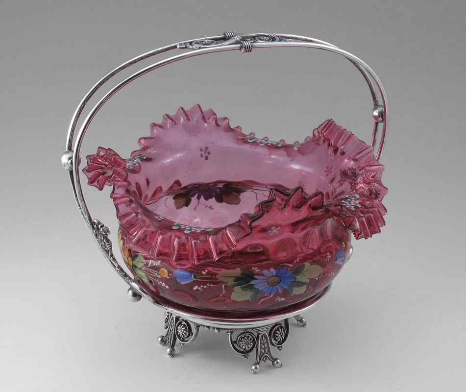 Appraisal: CRANBERRY GLASS BRIDES BASKET Hand enameled thumbprint design glass in