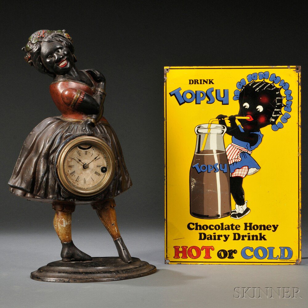 Appraisal: Topsy Blinking Eye Clock and Tin Advertising Panel attributed to