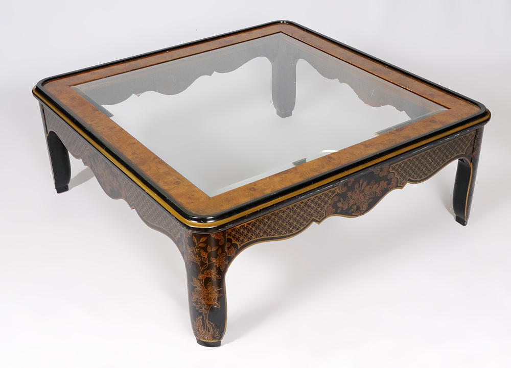 Appraisal: DREXEL CHINOISERIE COFFEE TABLE Beveled glass recesses in burl wood