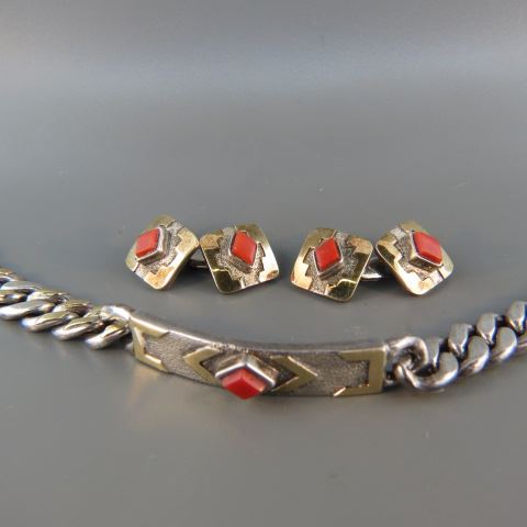 Appraisal: k Gold Sterling Bracelet Cuff Links with red coral signed