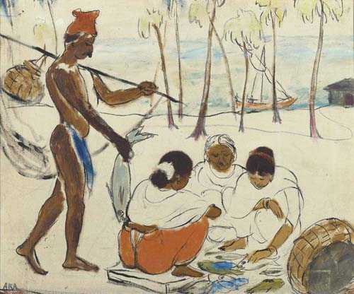 Appraisal: KRISHNAJI HOWLAJI ARA - Untitled fish sellers Oil on canvas