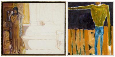 Appraisal: Two abstract paintings nude by a bathtub signed lower left