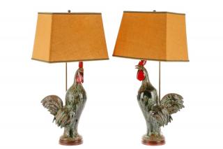 Appraisal: Pair Figural Rooster Pottery Lamps Charlie West Charlie West Lamps