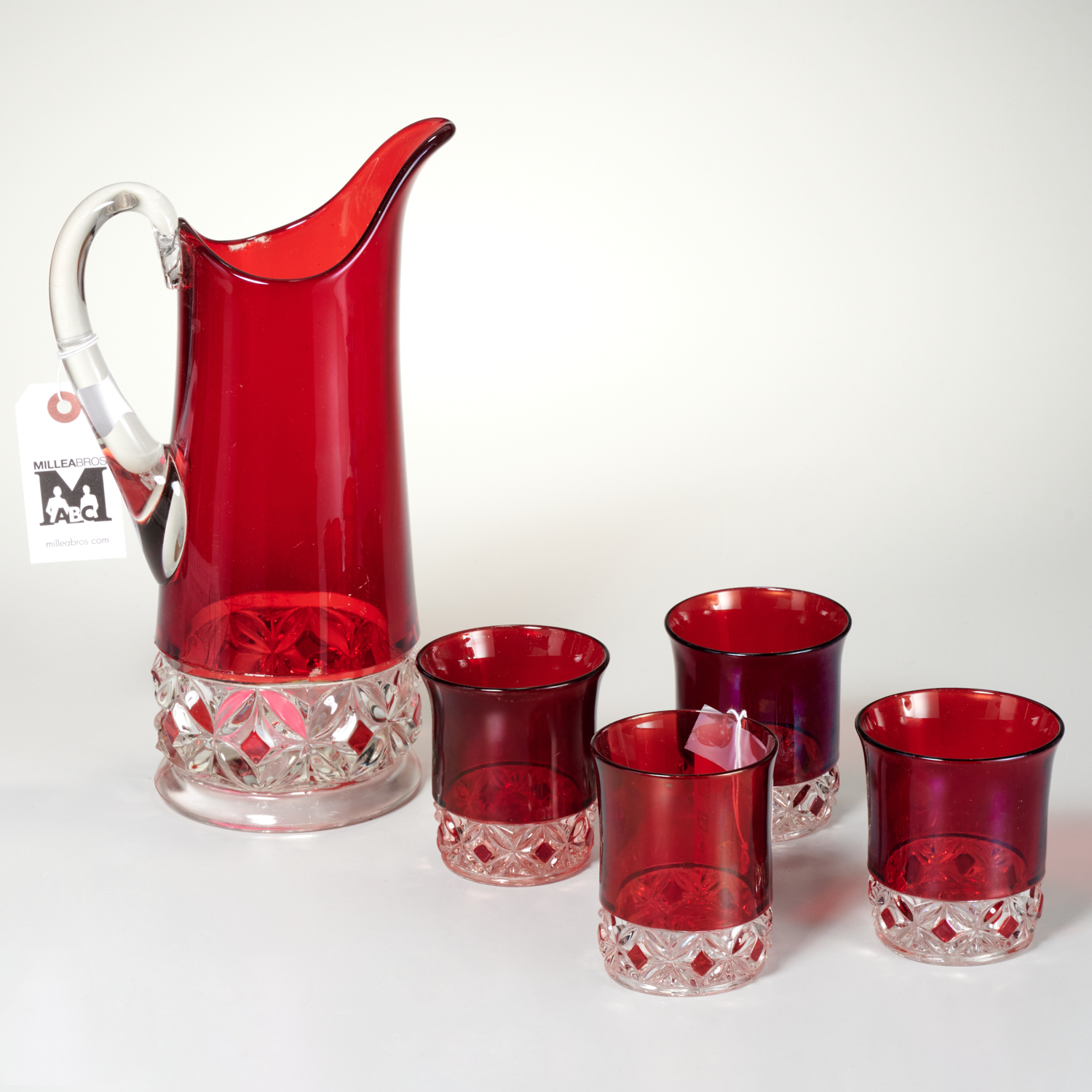 Appraisal: RUBY ROSETTE WATER PITCHER TUMBLERS Late th c American incl