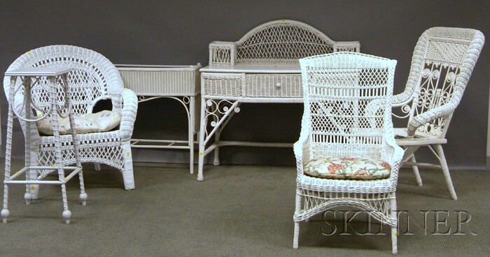 Appraisal: Six Pieces of Assorted White-painted Woven Wicker Furniture three armchairs