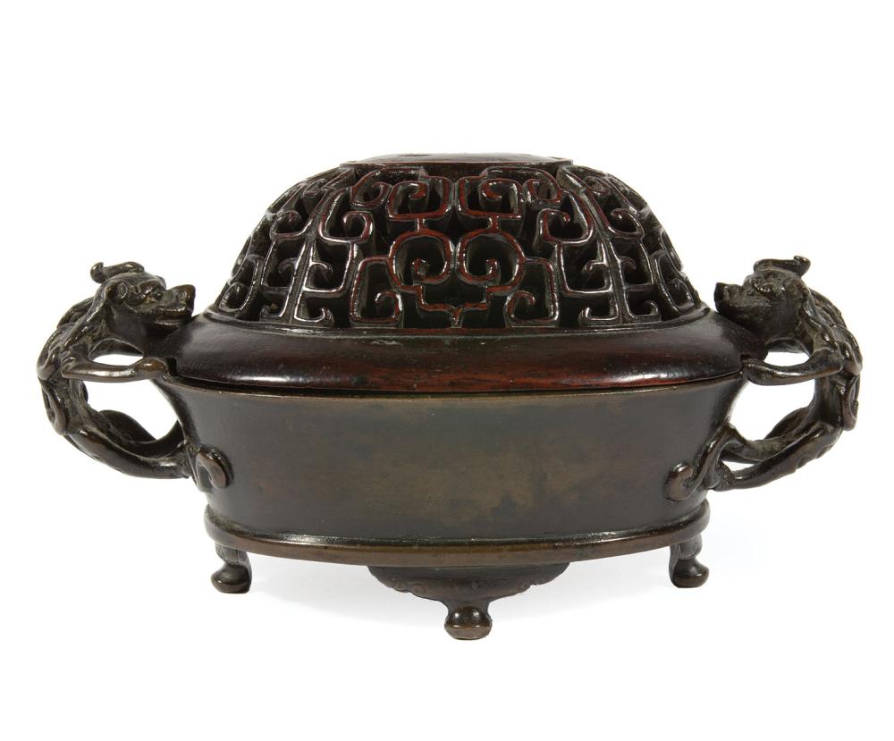 Appraisal: Chinese Bronze Chilong Censer Qing Dynasty - oval basin-form body