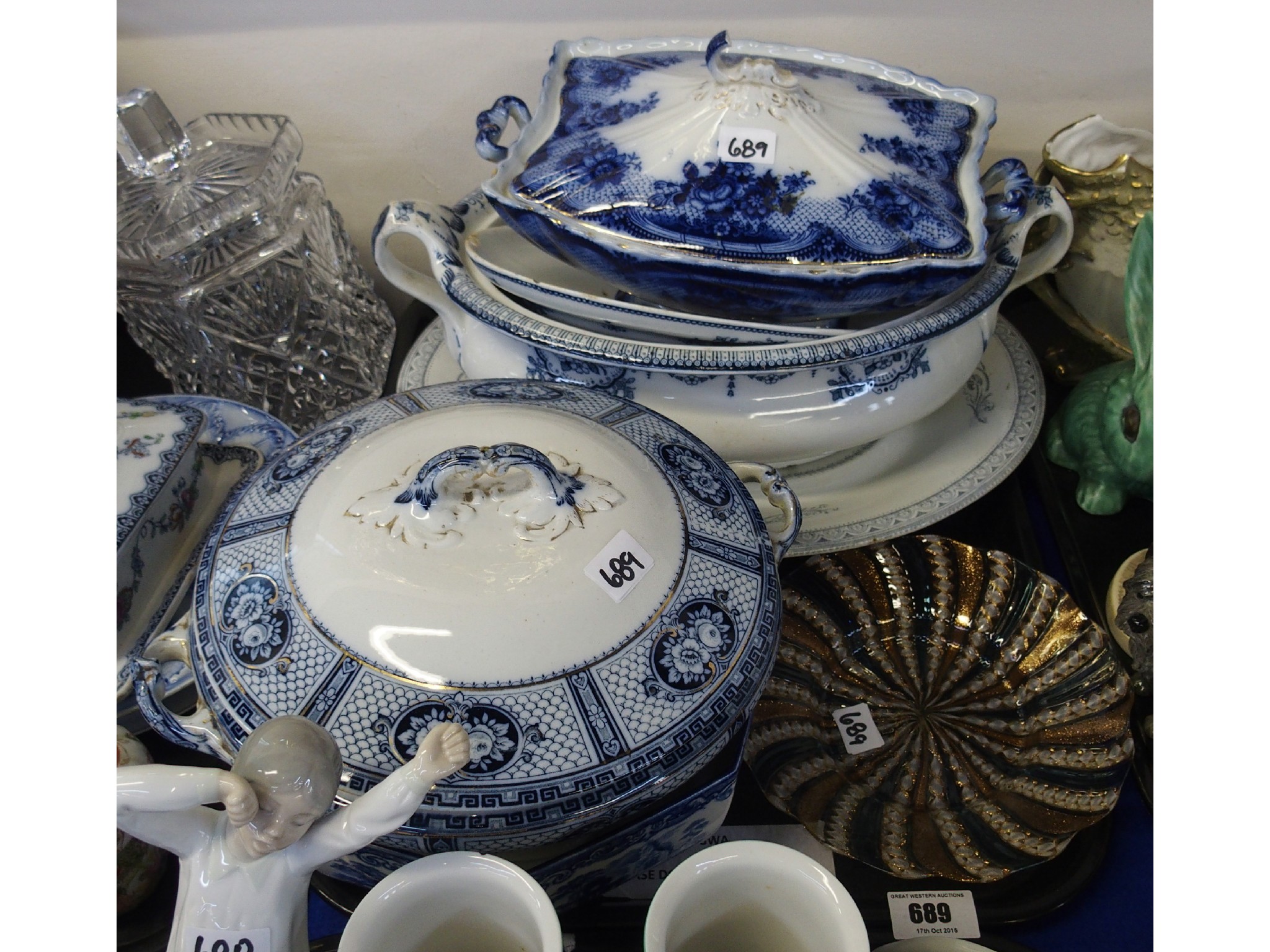 Appraisal: Tray comprising blue and white tureens centrebowl blown glass plate