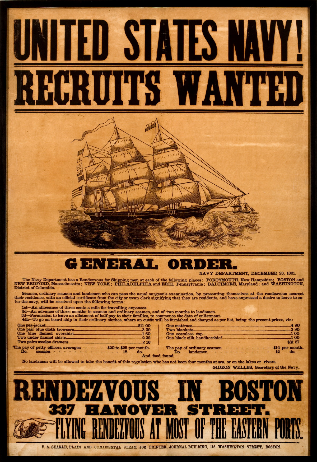 Appraisal: RARE CIVIL WAR U S NAVY RECRUITING BROADSIDE UNITED STATES