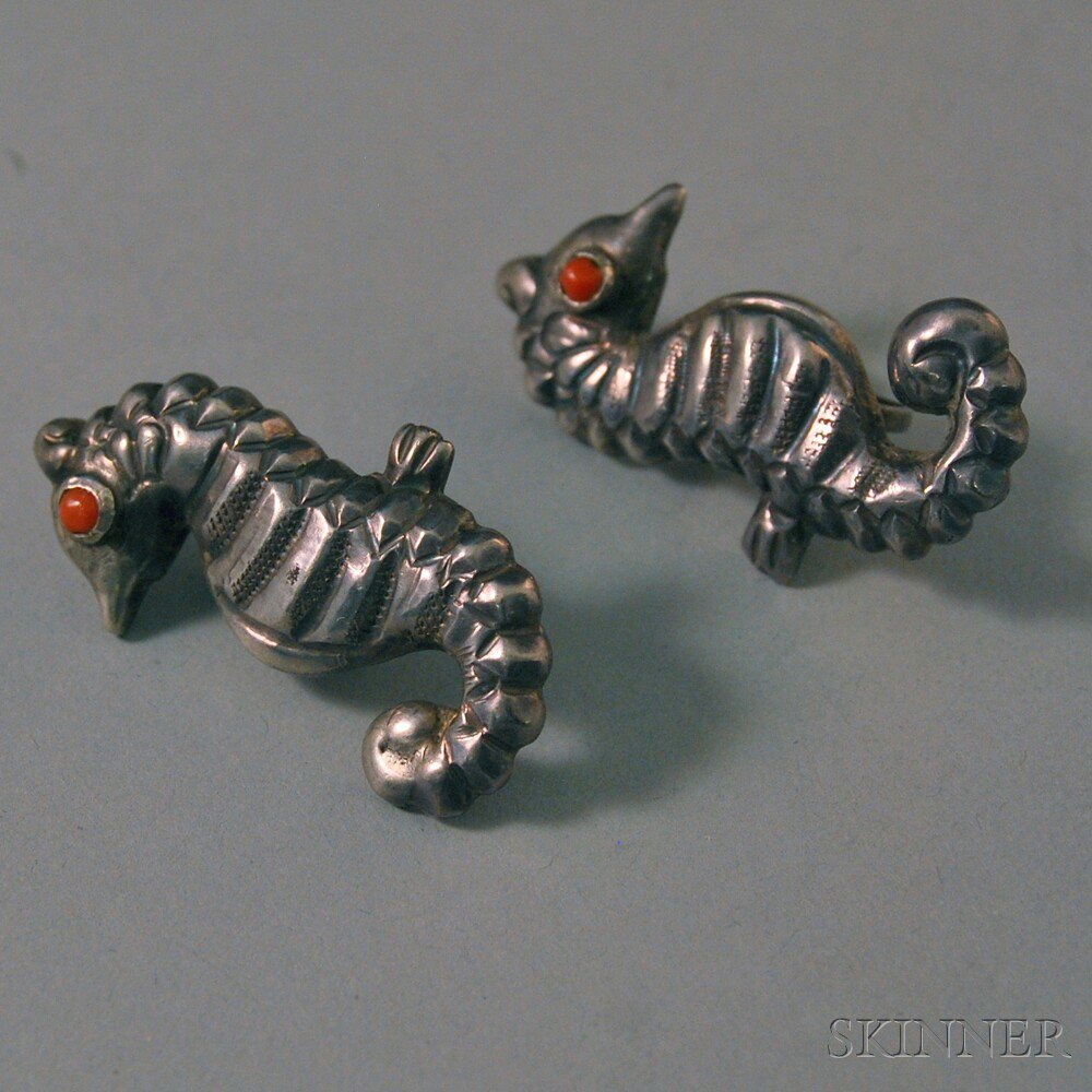 Appraisal: Pair of Matl Sterling Silver and Coral Sea Horse Earrings