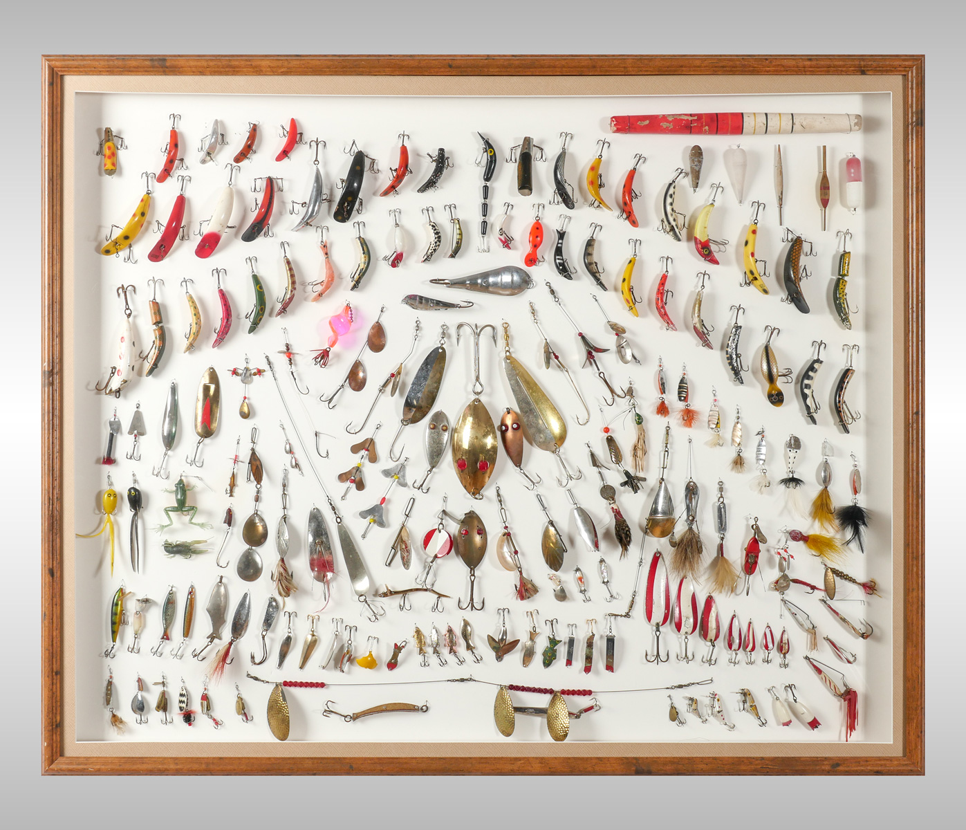 Appraisal: LARGE FRAMED FISHING LURE COLLECTION Massive framed collection of fishing