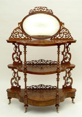 Appraisal: A VICTORIAN BURR WALNUT WHATNOT of three tier serpentine D