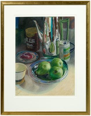 Appraisal: American School pastel still life with pears coffee percolator cans