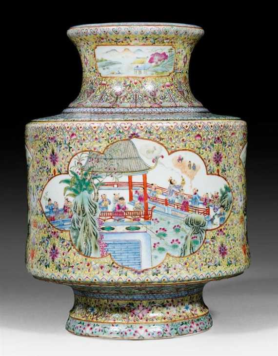 Appraisal: VASE WITH FAMILLE ROSE DESIGN OF FIGURATIVE PANELS ON YELLOW