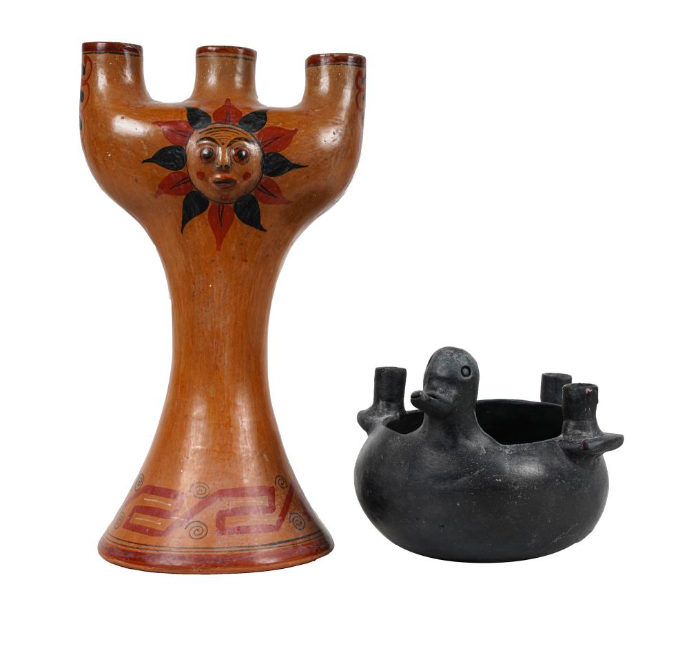 Appraisal: TWO MEXICAN CERAMIC CANDELABRAthe first unsigned black-glazed duck-form with three