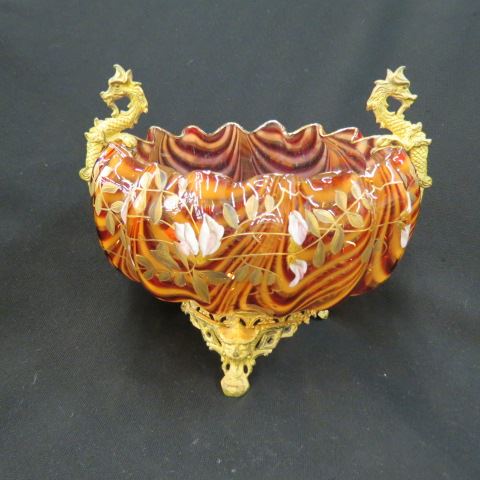 Appraisal: Victorian Enameled Art Glass Centerpiece Bowl ormoulu mounts serpent handles