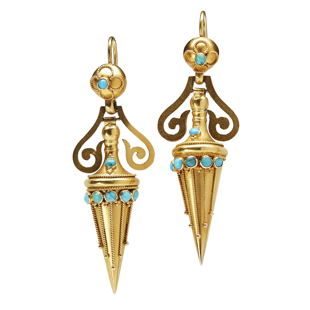 Appraisal: A pair of Victorian pendant earrings in classical Grecian vase