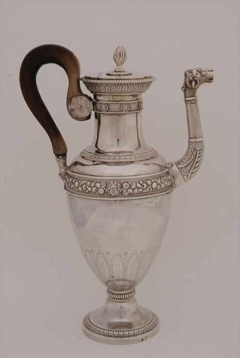 Appraisal: FRENCH SILVER COFFEE POT The ovoid bowl with applied mask