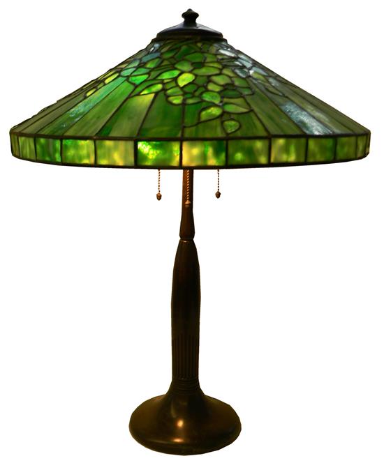 Appraisal: Handel table lamp c - cone-shaped bright green leaded glass