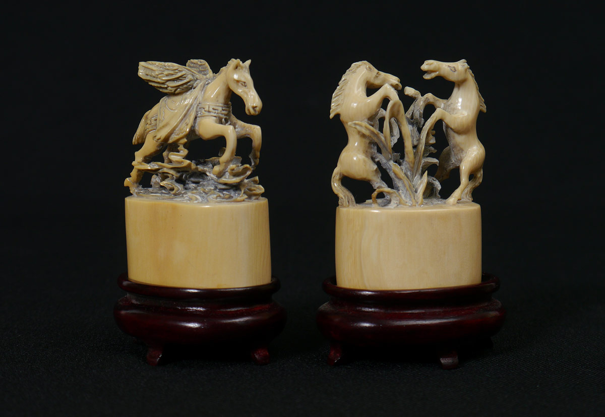 Appraisal: FIGURAL CARVED IVORY CHINESE CHOPS pieces to include rearing horses