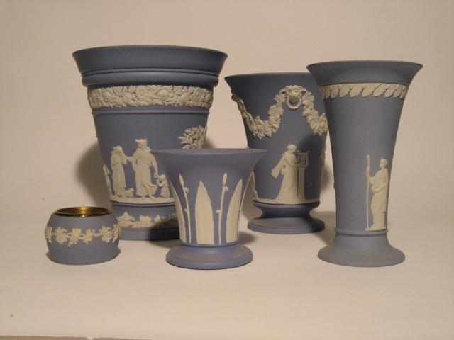 Appraisal: Seven Wedgwood blue jasperware vases and three salts mid to