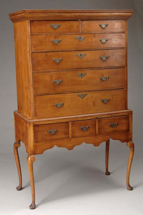 Appraisal: TWO PART QUEEN ANNE MAPLE COUNTRY HIGHBOY Top section having