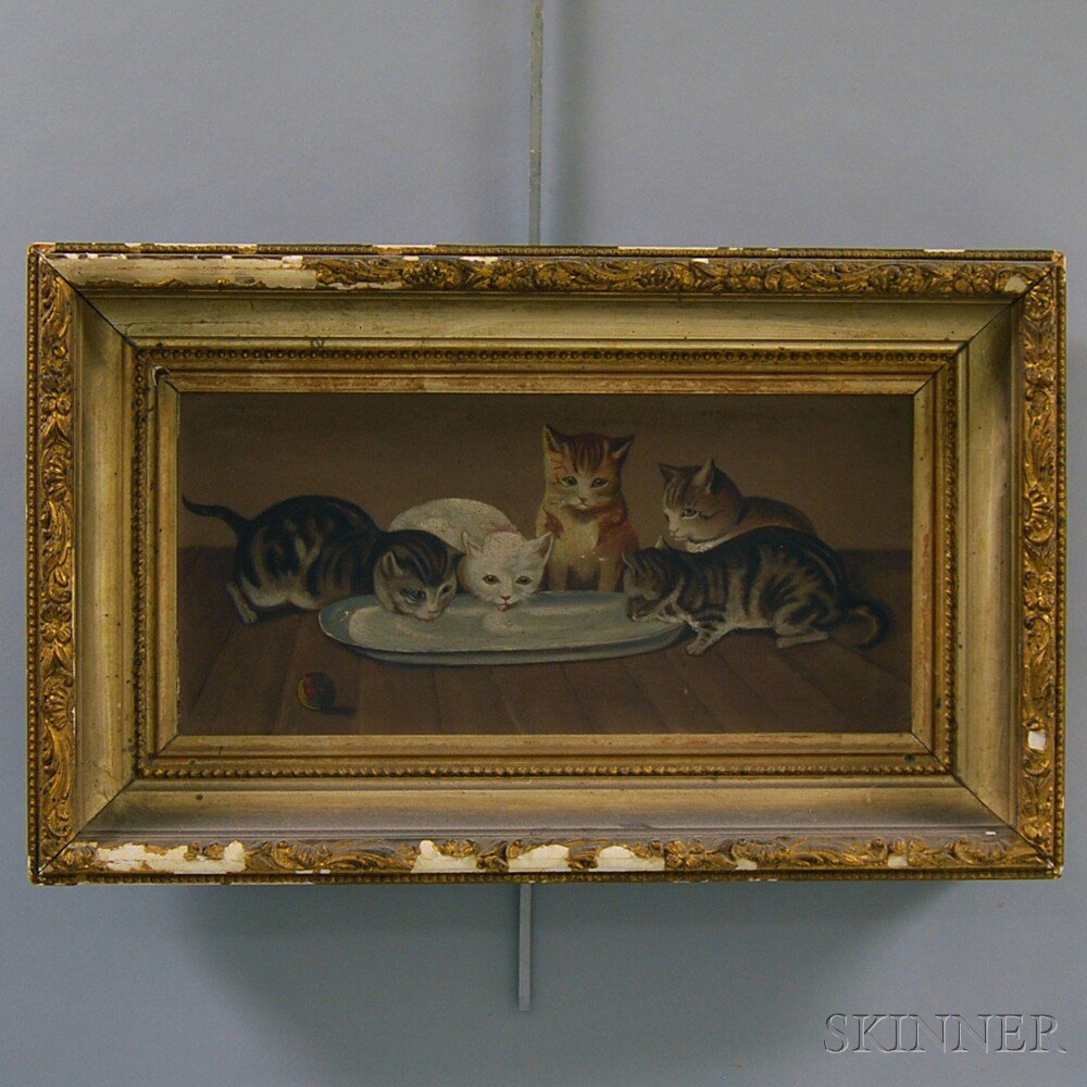 Appraisal: American School th Century Five Cats Around the Milk Dish