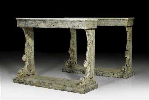 Appraisal: PAIR OF PAINTED CONSOLES AUX DAUPHINS Empire style partly with