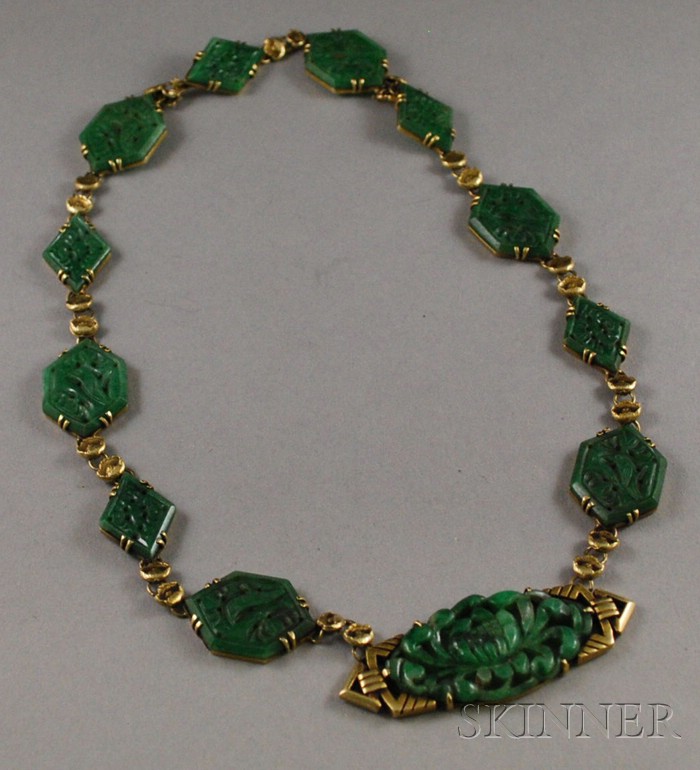 Appraisal: Art Deco kt Gold and Carved Jade Necklace Walter Lampl