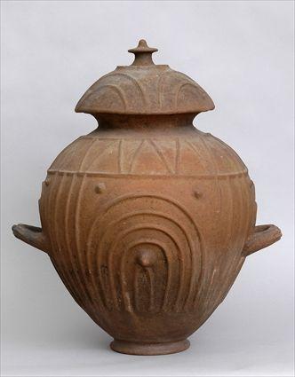 Appraisal: LARGE ETRUSCAN TERRACOTTA STAMNOS AND ASSOCIATED COVER The ovoid footed