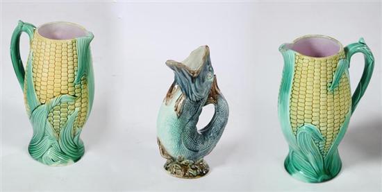 Appraisal: THREE MAJOLICA PITCHERS English nd half- th century Two corn