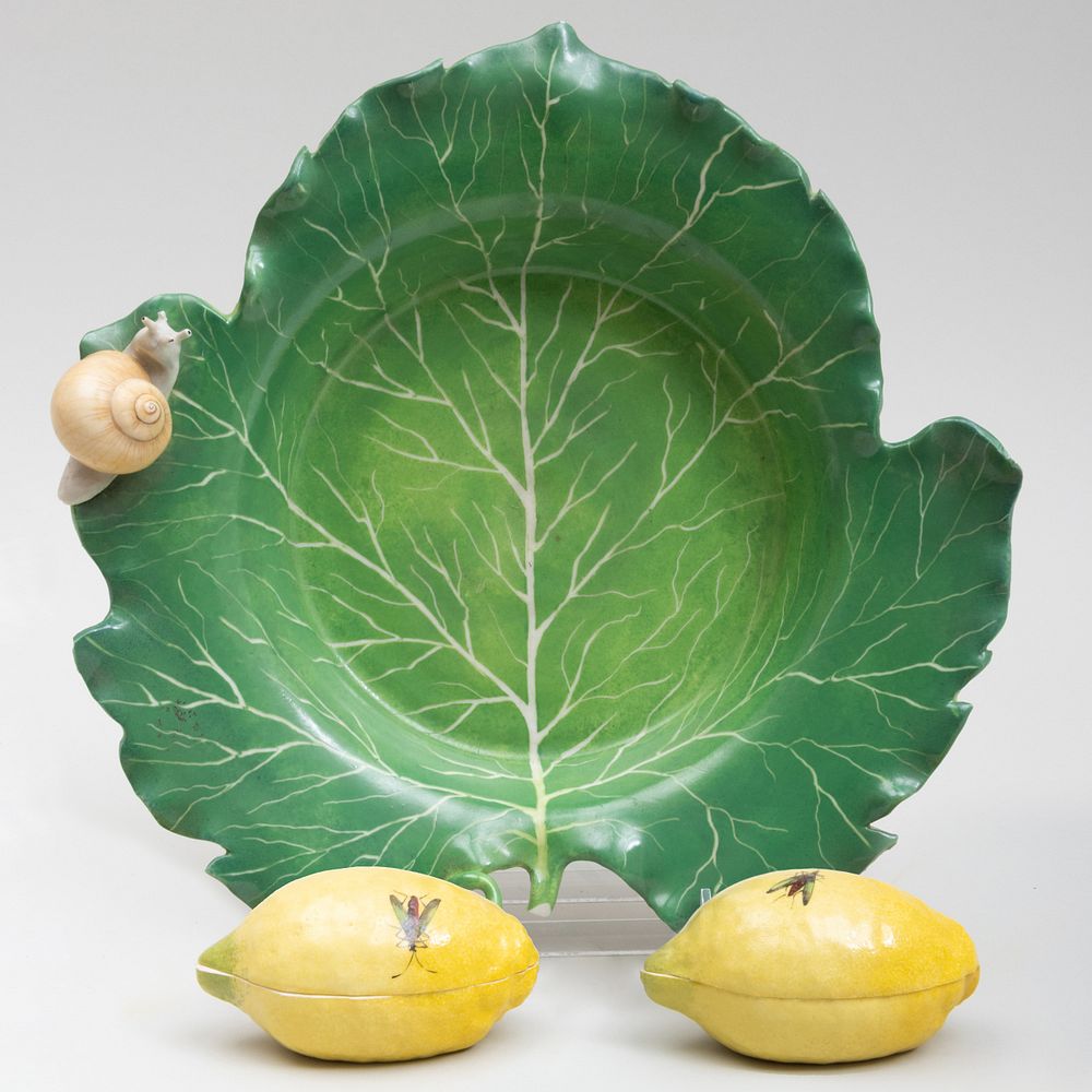 Appraisal: Continental Porcelain Leaf Form Dish and Two Lemon Form Boxes