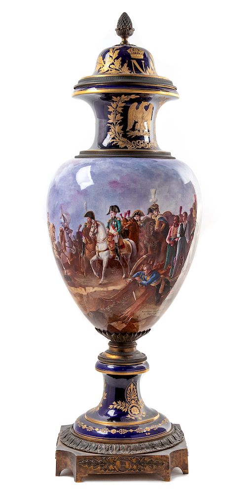 Appraisal: A Napoleonic Sevres Style Gilt Bronze Mounted Porcelain Lidded Urn