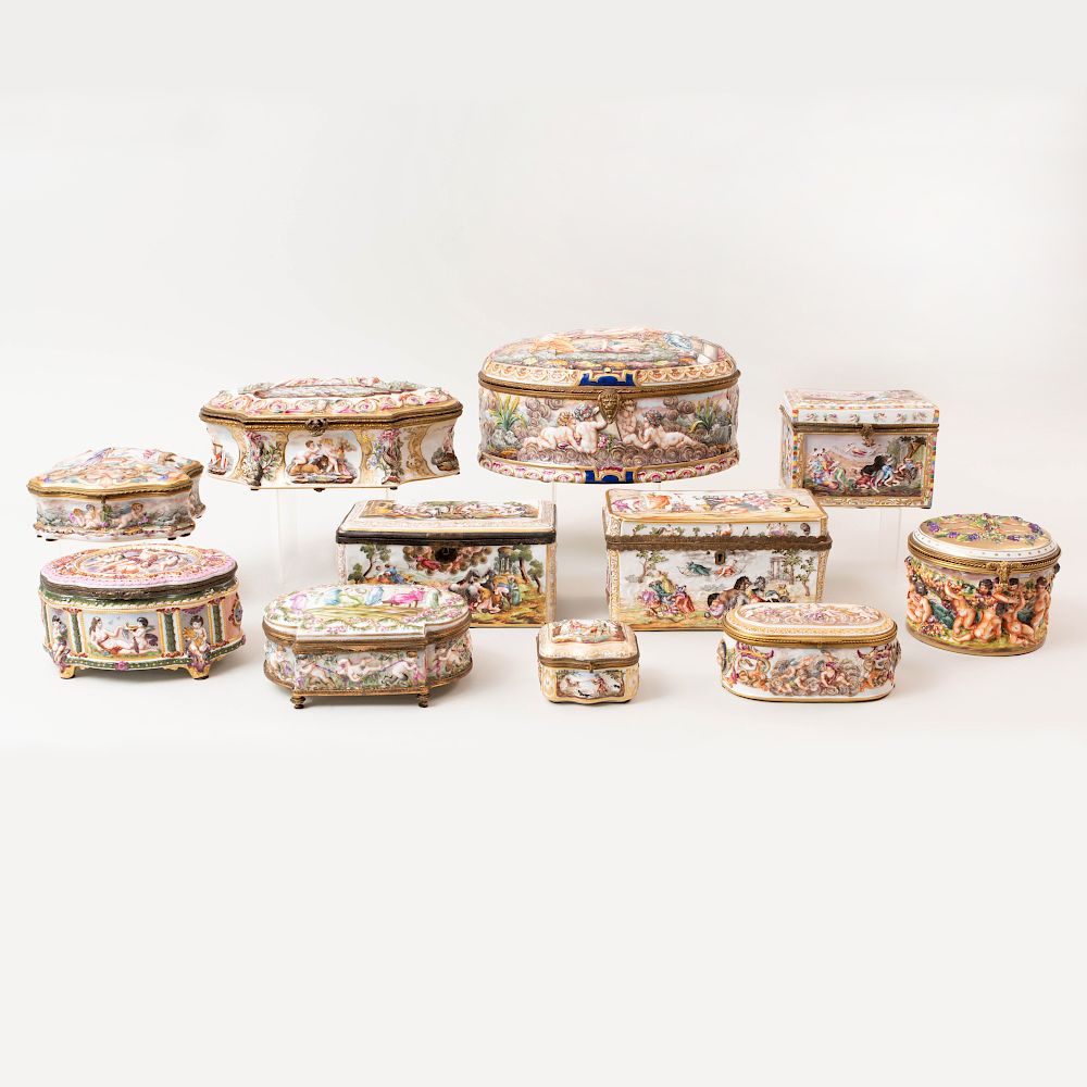 Appraisal: Group of Eleven Capodimonte Porcelain Boxes Most with blue crowned