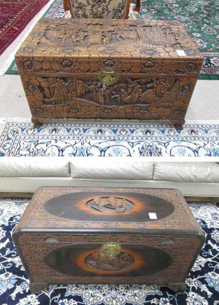 Appraisal: TWO HIGHLY CARVED CAMPHOR WOOD BLANKET CHESTS Chinese export mid-