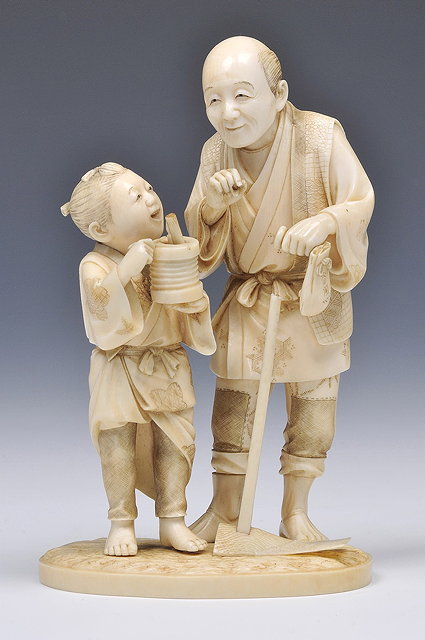 Appraisal: A JAPANESE IVORY OKIMONO of a farmer with hoe standing