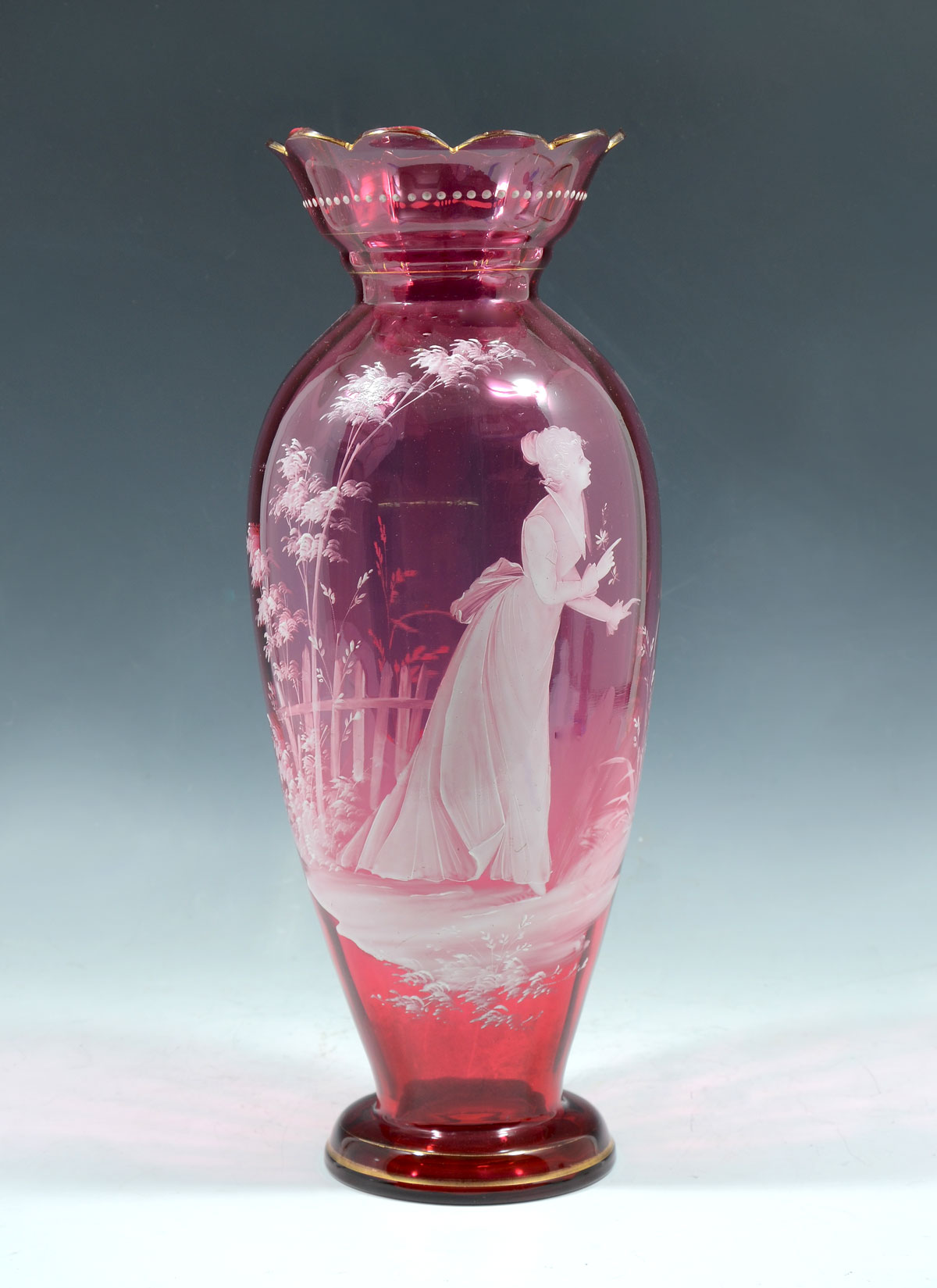 Appraisal: LARGE MARY GREGORY CRANBERRY VASE Large optic paneled cranberry glass