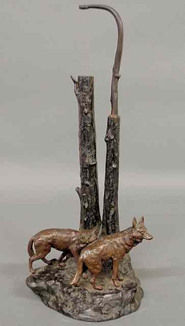 Appraisal: Fine Continental bronze table lamp late th c with wolf