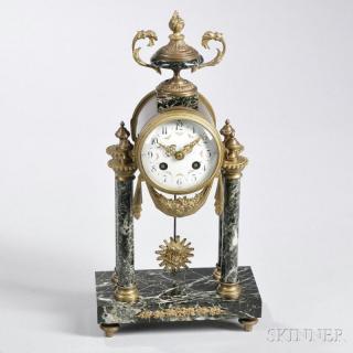 Appraisal: French Brass and Marble Portico Mantel Clock c flame-top urn