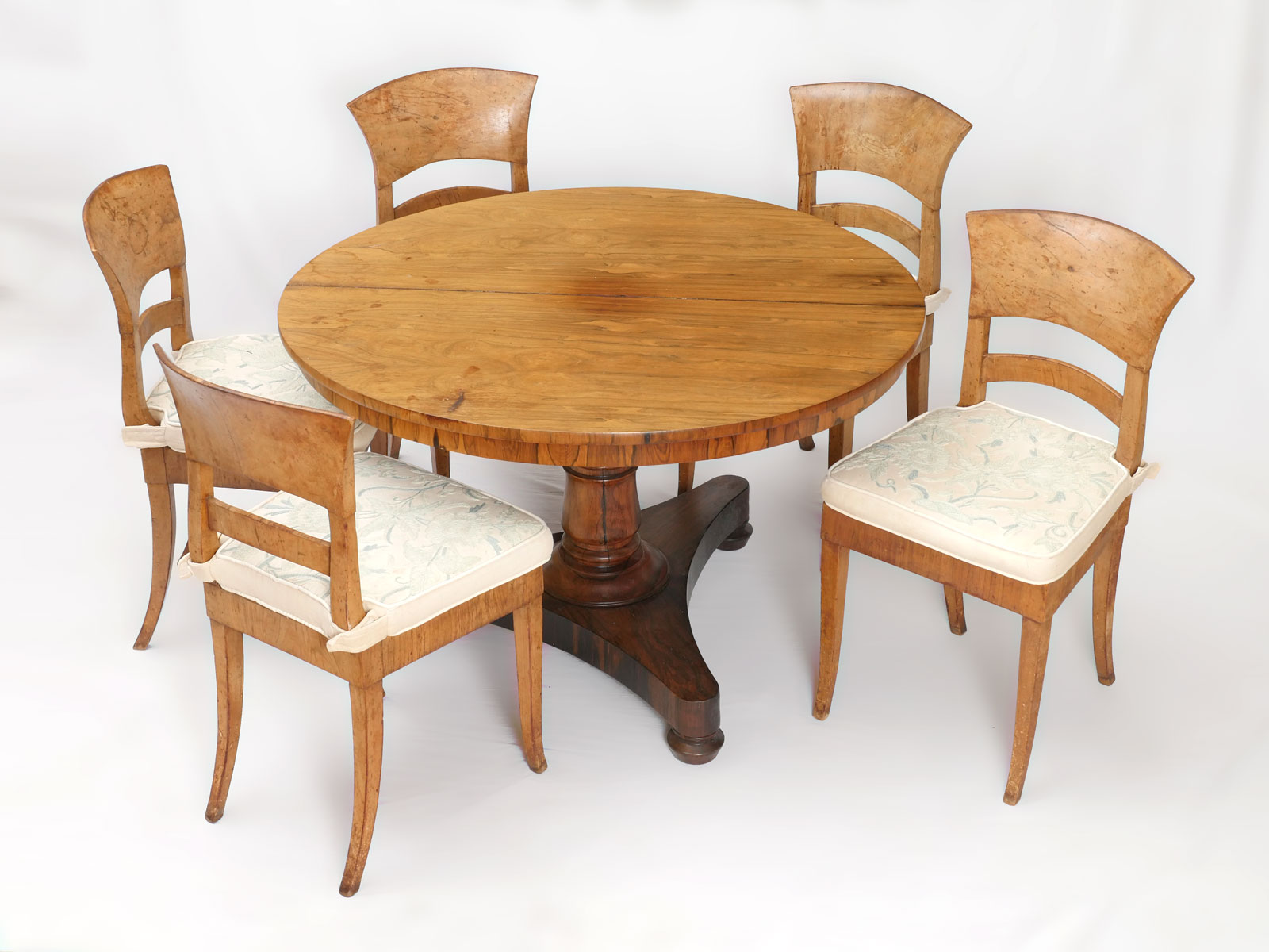 Appraisal: BIEDERMEIER STYLE BURLWOOD TABLE WITH CHAIRS Table is '' diameter