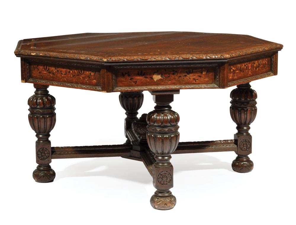 Appraisal: Jacobean-Style Inlaid Oak Rent Table late th c stamped Edwards