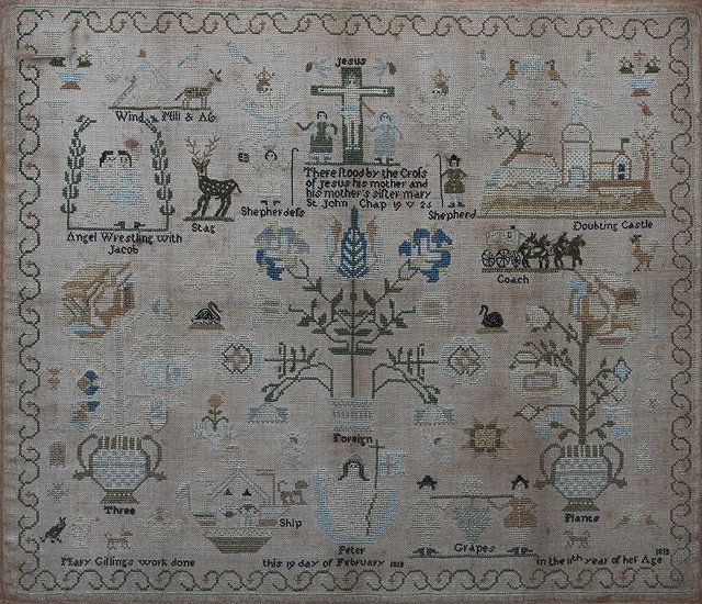 Appraisal: AN EXTENSIVE CHILD'S NEEDLEWORK SAMPLER with detailed biblical scenes within