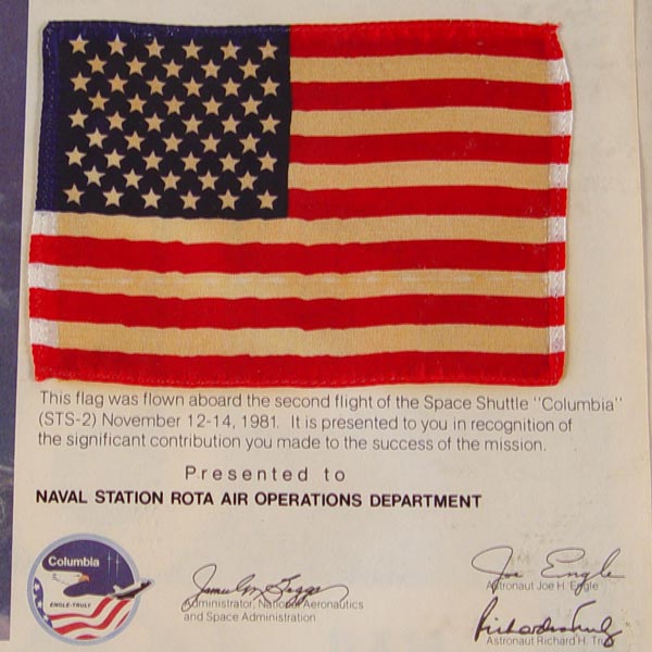 Appraisal: PRESENTED FLAG FLOWN ABOARD SPACE SHUTTLE COLUMBIA Framed and mounted