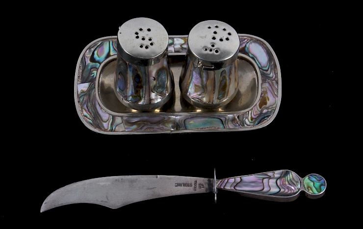 Appraisal: Taxco Sterling Silver Abalone Shakers W Knife Featured in this