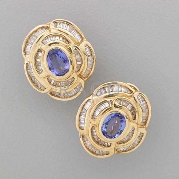 Appraisal: TANZANITE AND DIAMOND K GOLD EARRINGS Condition Report