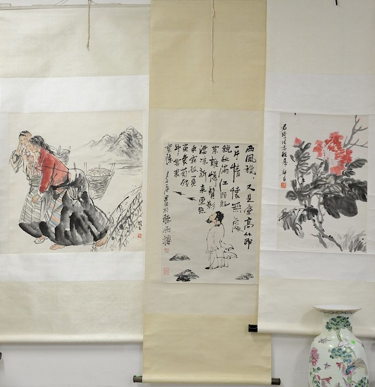 Appraisal: Four Oriental scrolls to include two girls with baskets wild