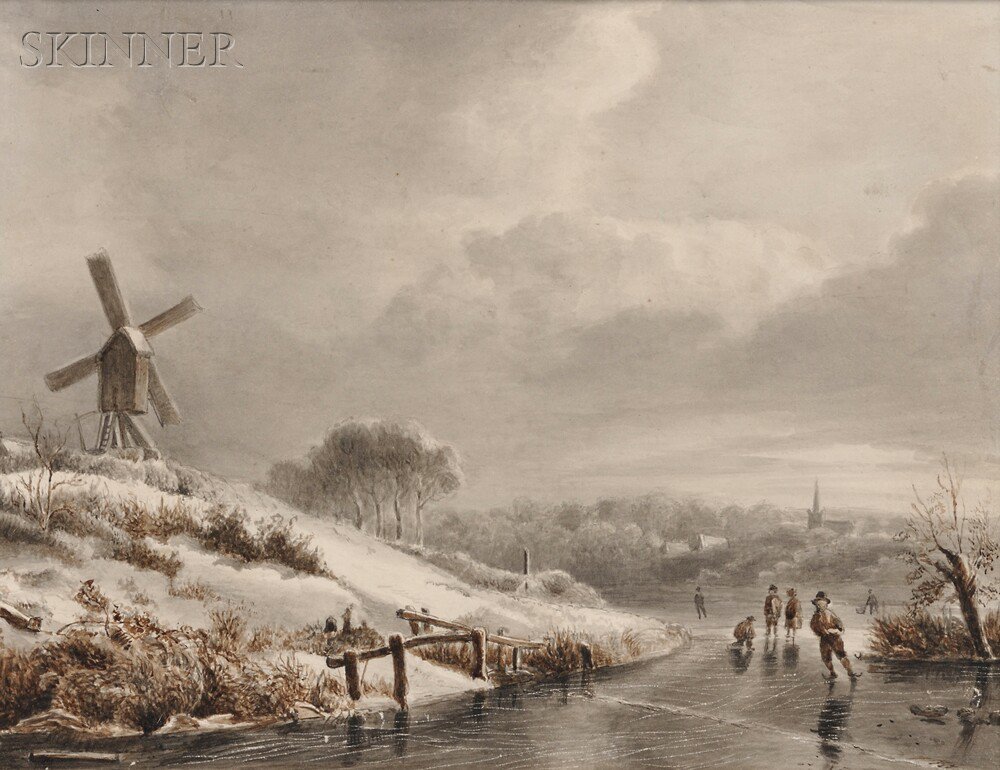 Appraisal: Dutch School th Century Winter Landscape with Skaters Unsigned Brown