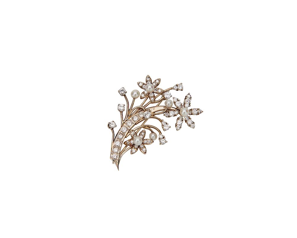 Appraisal: K Gold Diamond and Pearl Brooch K Gold Diamond and