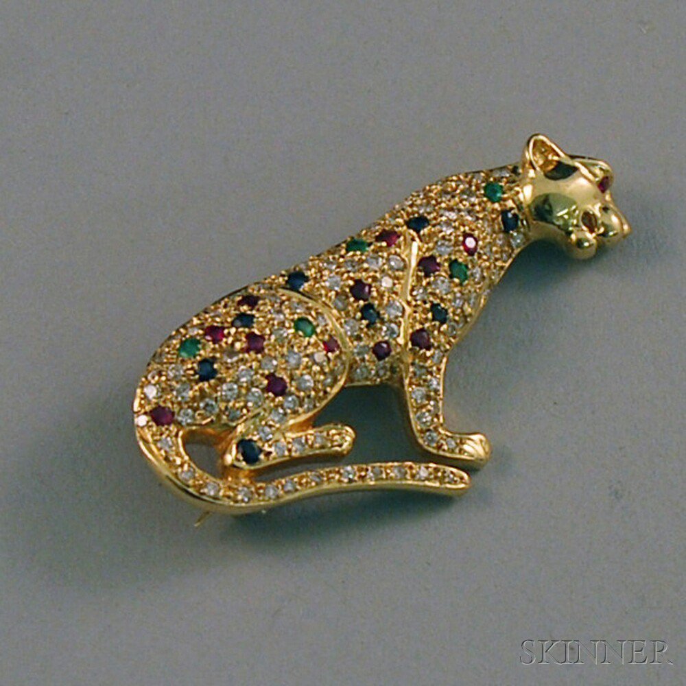 Appraisal: kt Gold Gem-set Panther Brooch set with circular-cut emeralds rubies