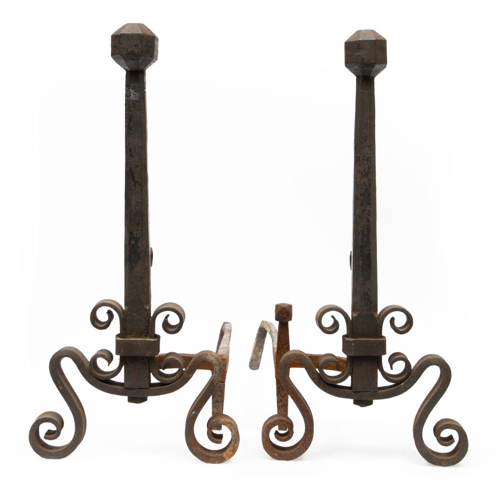 Appraisal: Pair of Antique American Wrought Iron Andirons faceted finial and