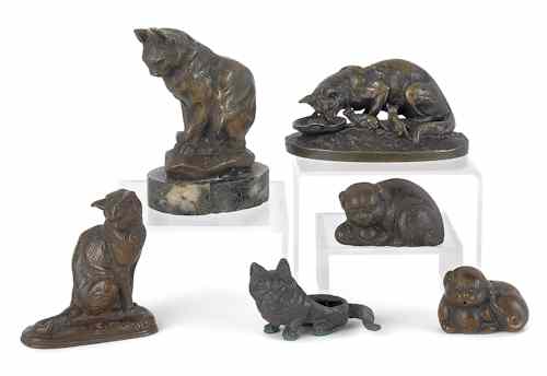 Appraisal: Three bronze cat figures by Barye h Fremiet h and